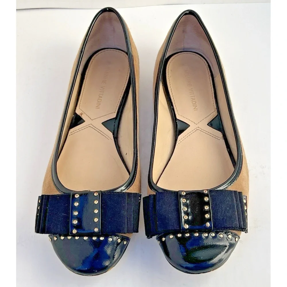 Adrienne Vittadini Tan Suede Black Patent Bow Ballet Flats Womens Size 7.5